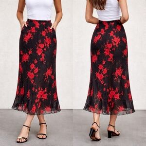 Vintage Studio Y Black and Red Floral Maxi Skirt
